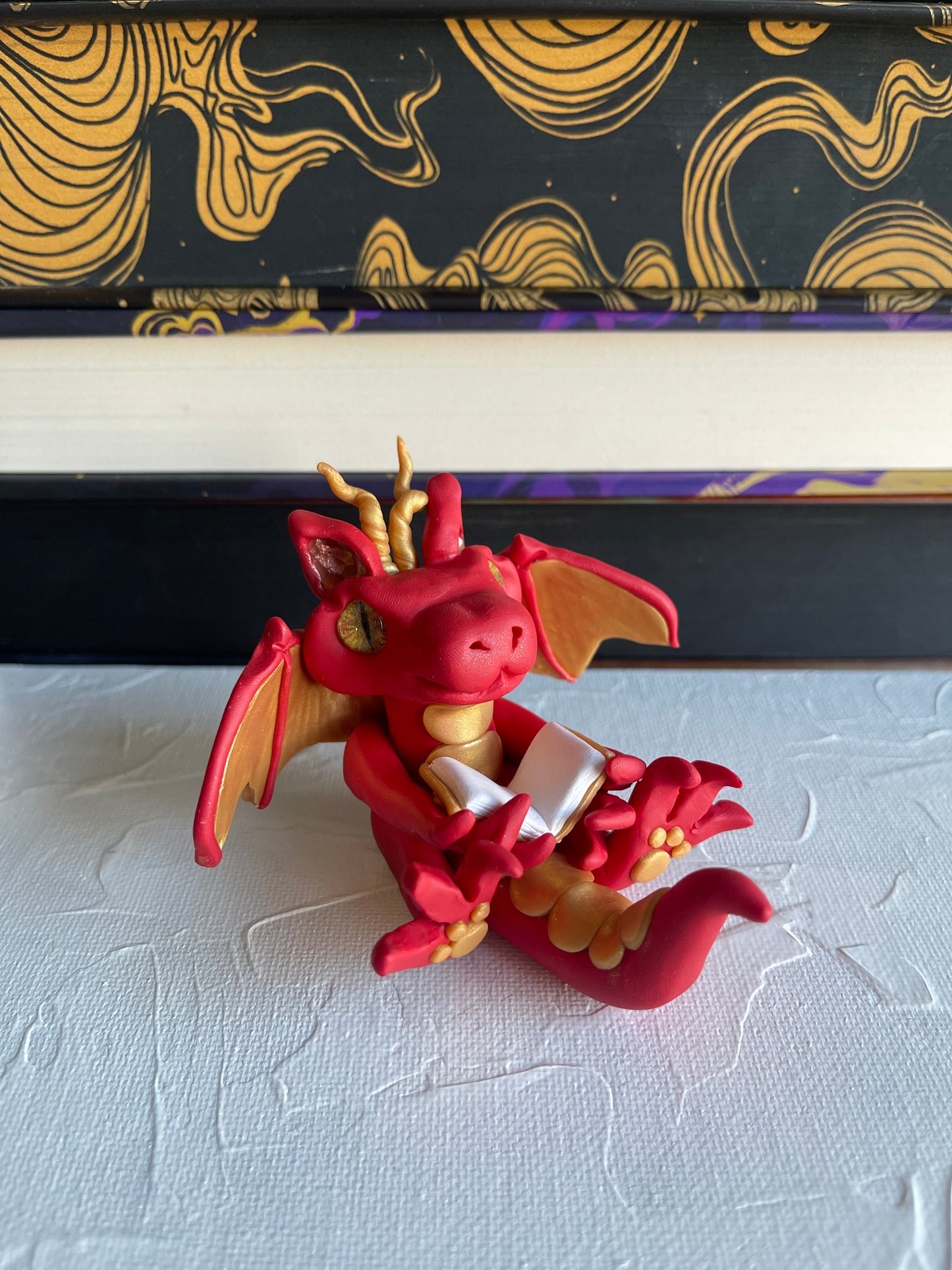 Red & Gold Handmade Polymer Clay Book Dragon