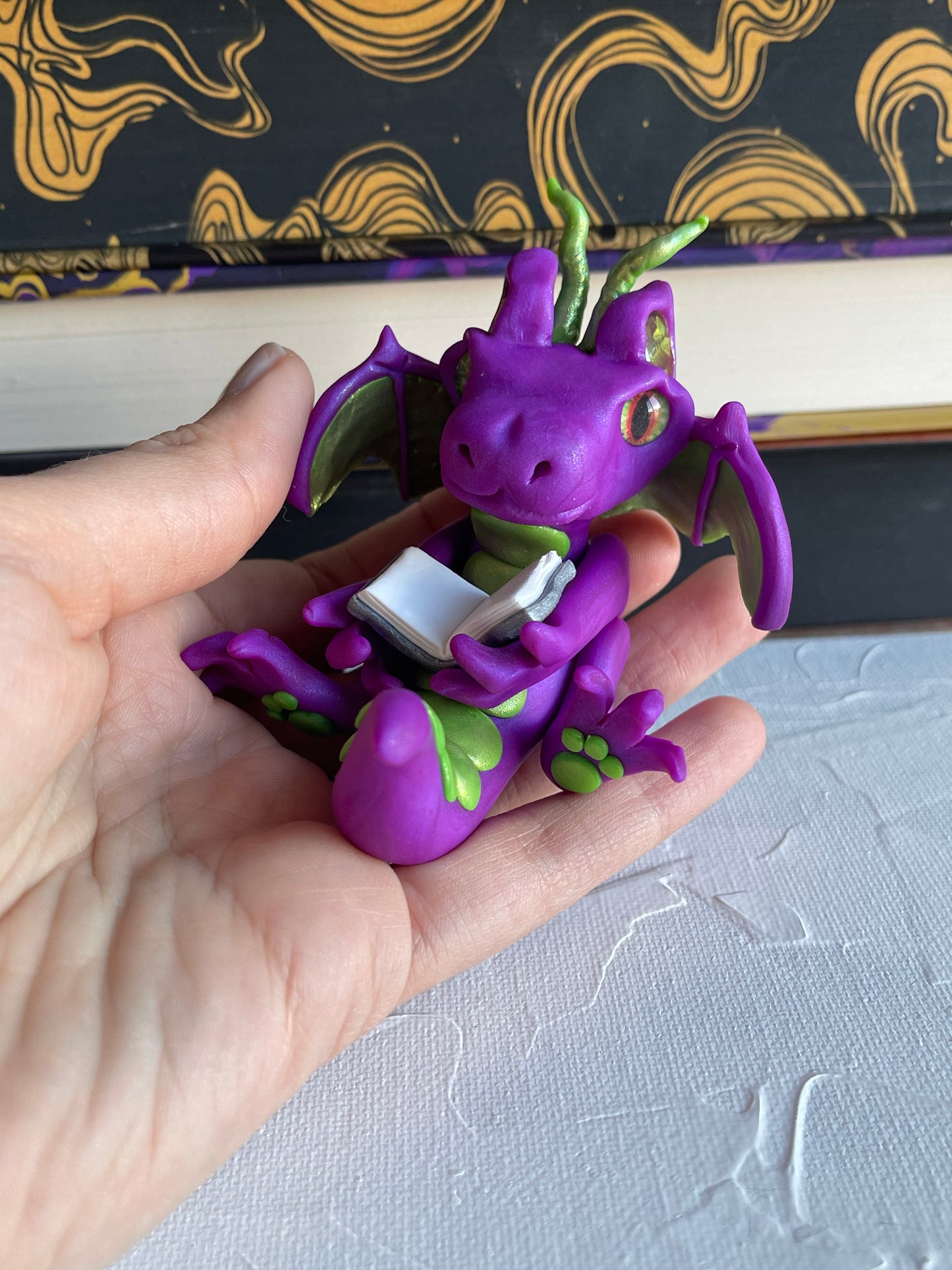 Purple & Green Handmade Polymer Clay Book Dragon