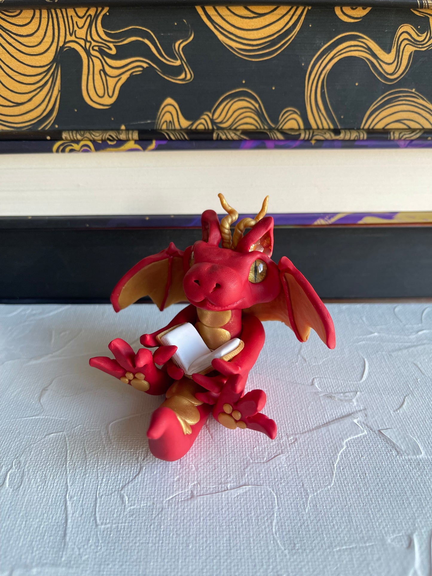 Red & Gold Handmade Polymer Clay Book Dragon