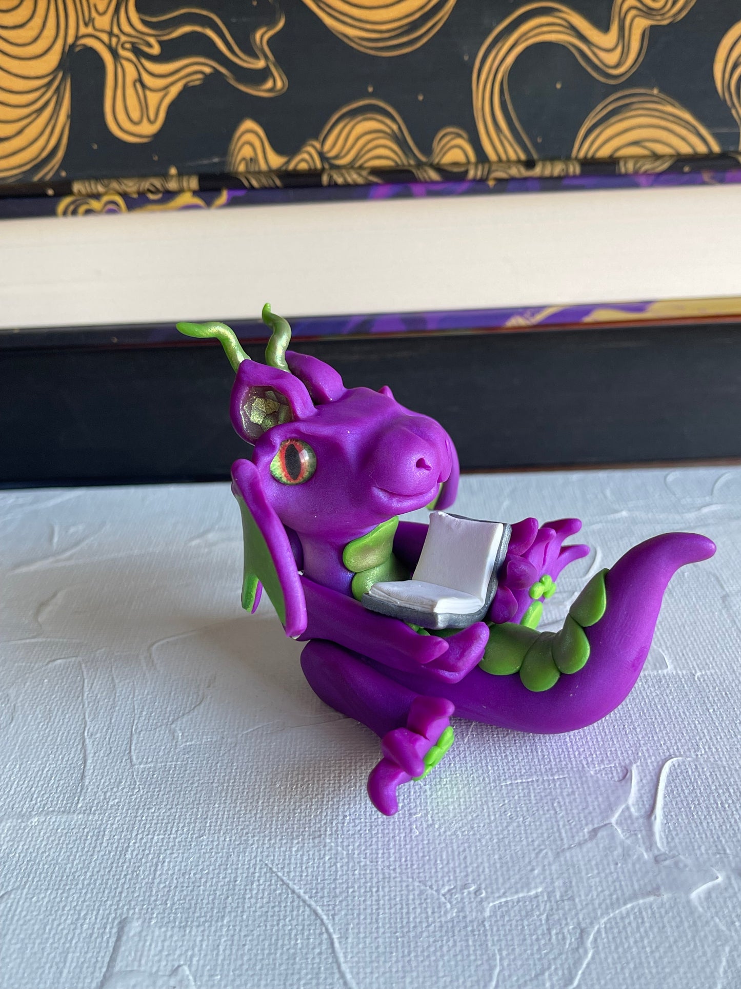 Purple & Green Handmade Polymer Clay Book Dragon