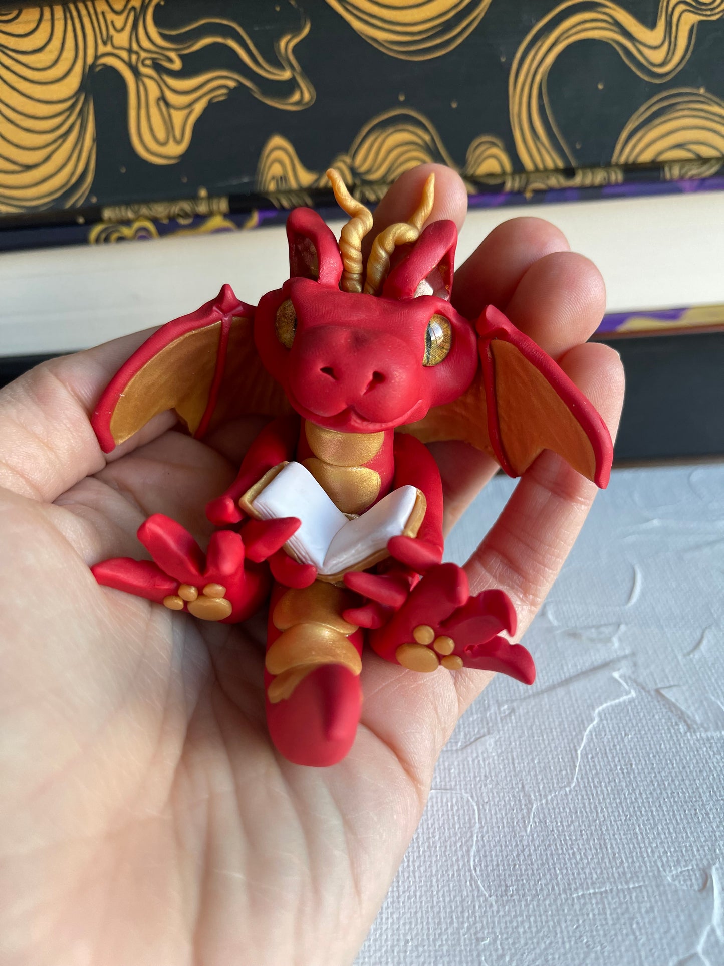 Red & Gold Handmade Polymer Clay Book Dragon