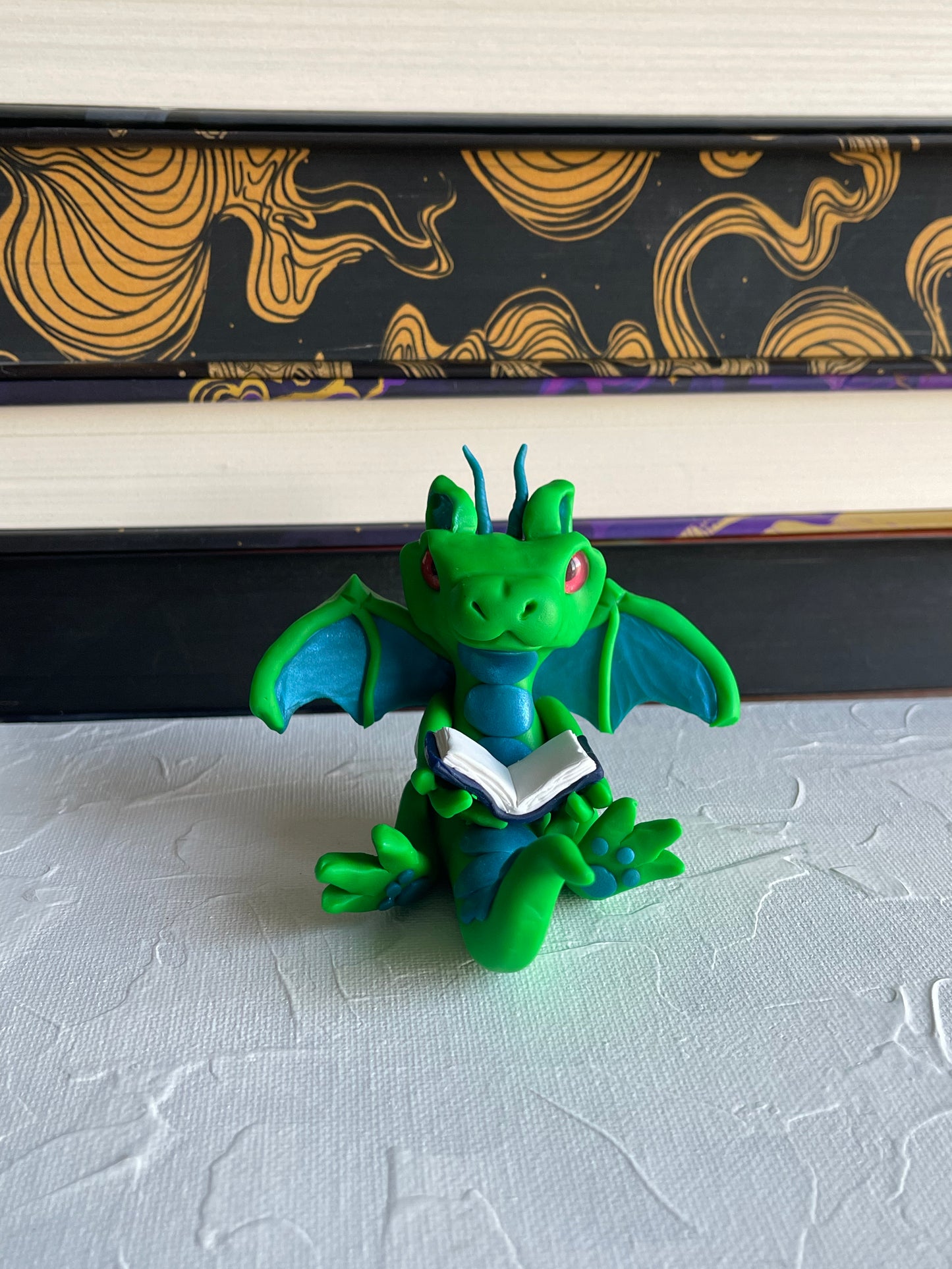 Lime Green & Blue Polymer Clay Book Dragon