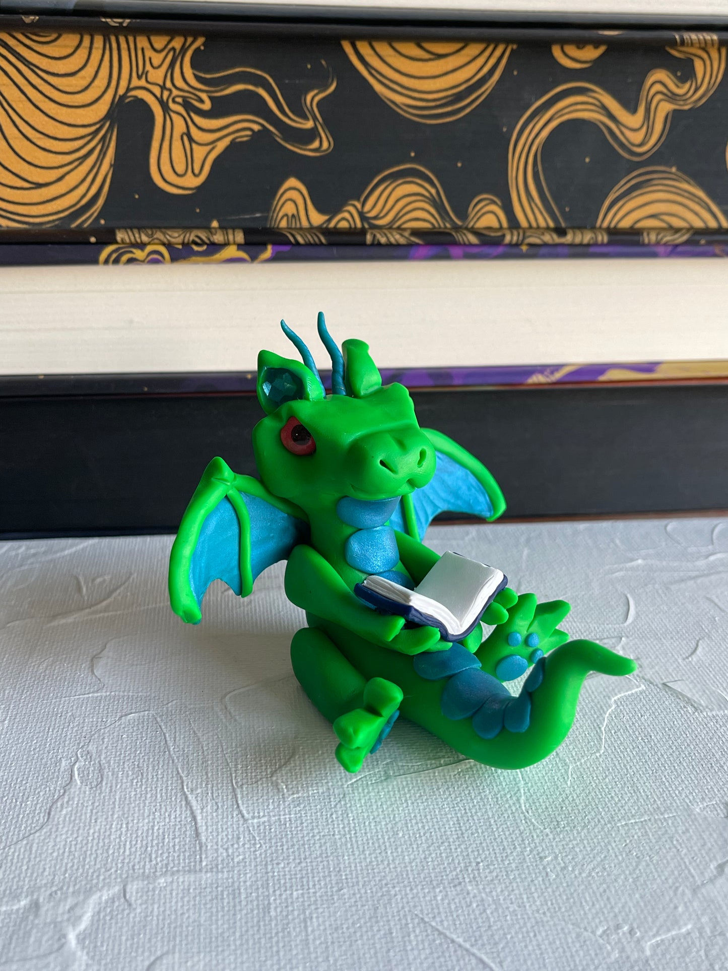 Lime Green & Blue Polymer Clay Book Dragon