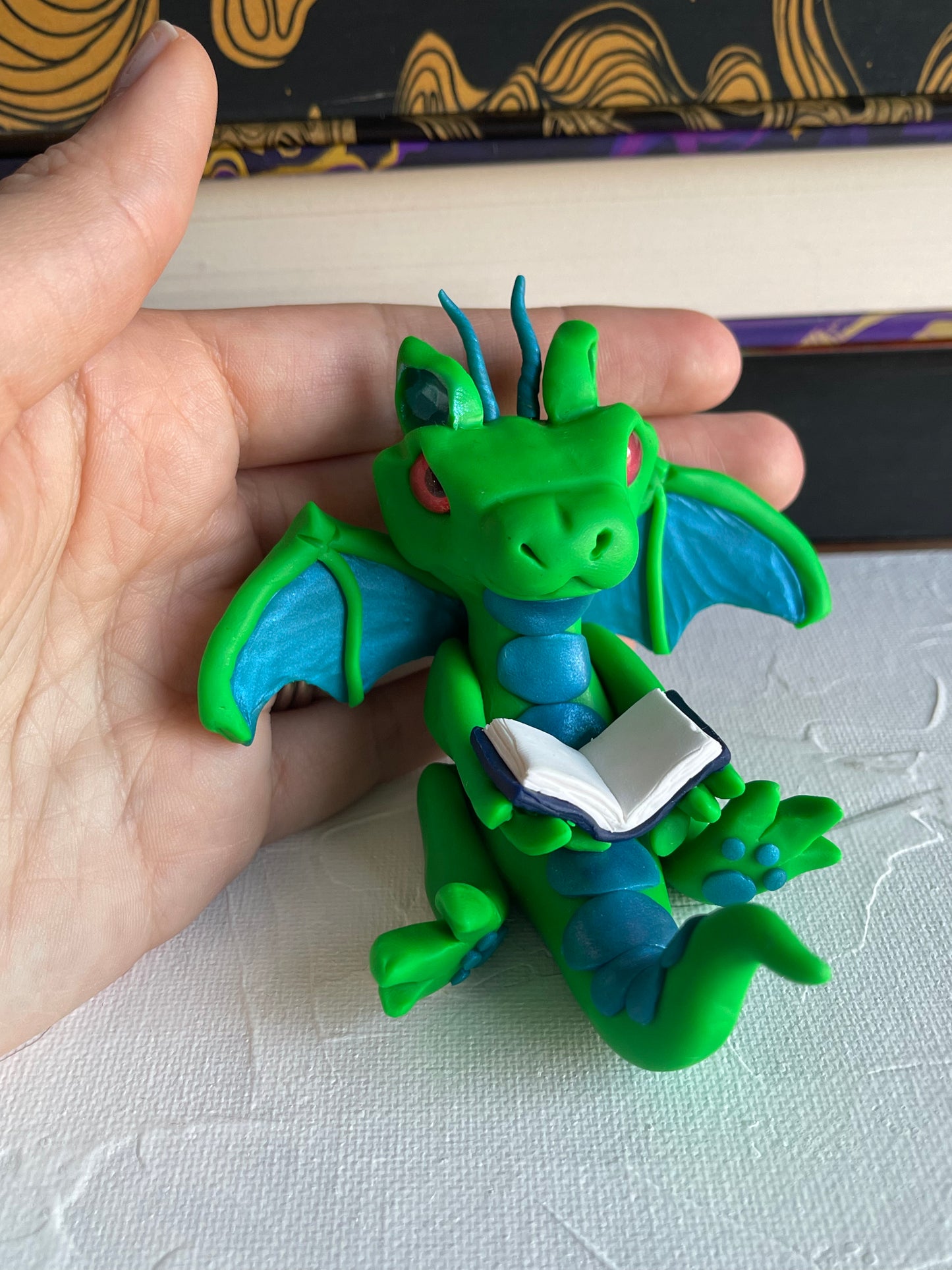 Lime Green & Blue Polymer Clay Book Dragon