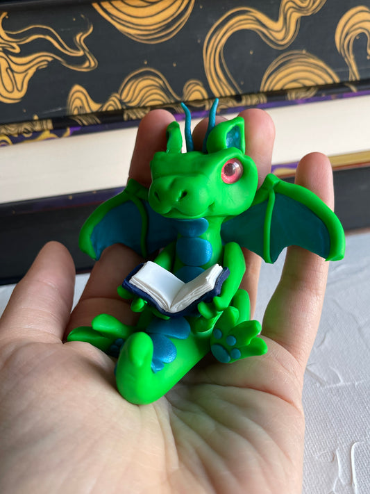 Lime Green & Blue Polymer Clay Book Dragon