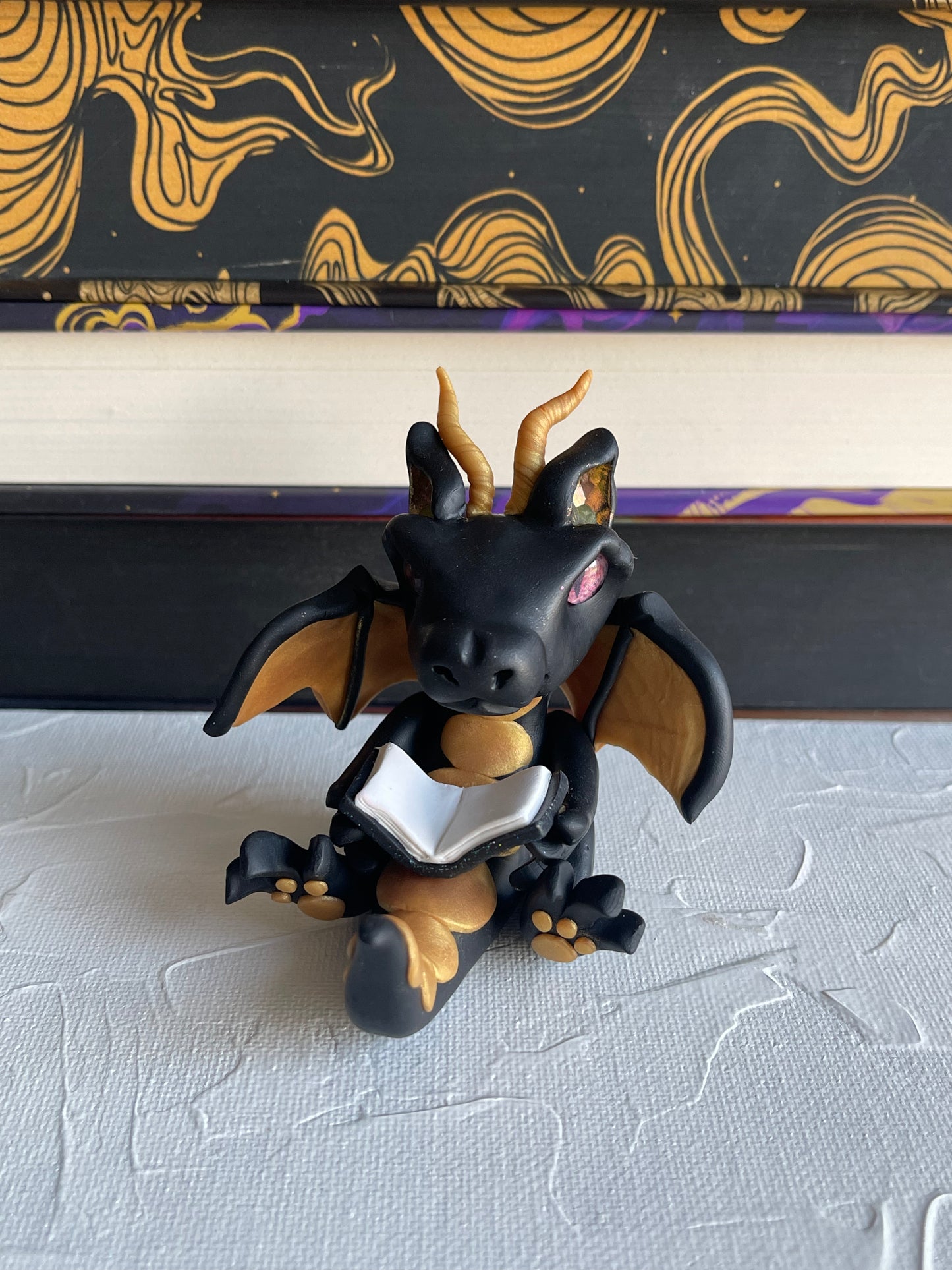 Black and Gold Handmade Polymer Clay Book Dragon