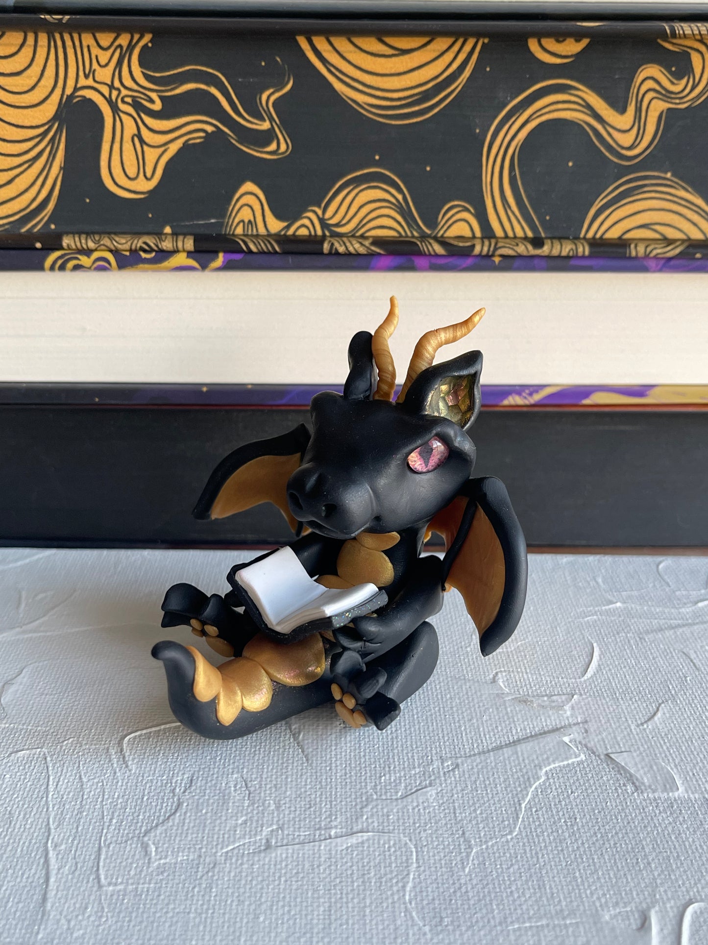 Black and Gold Handmade Polymer Clay Book Dragon