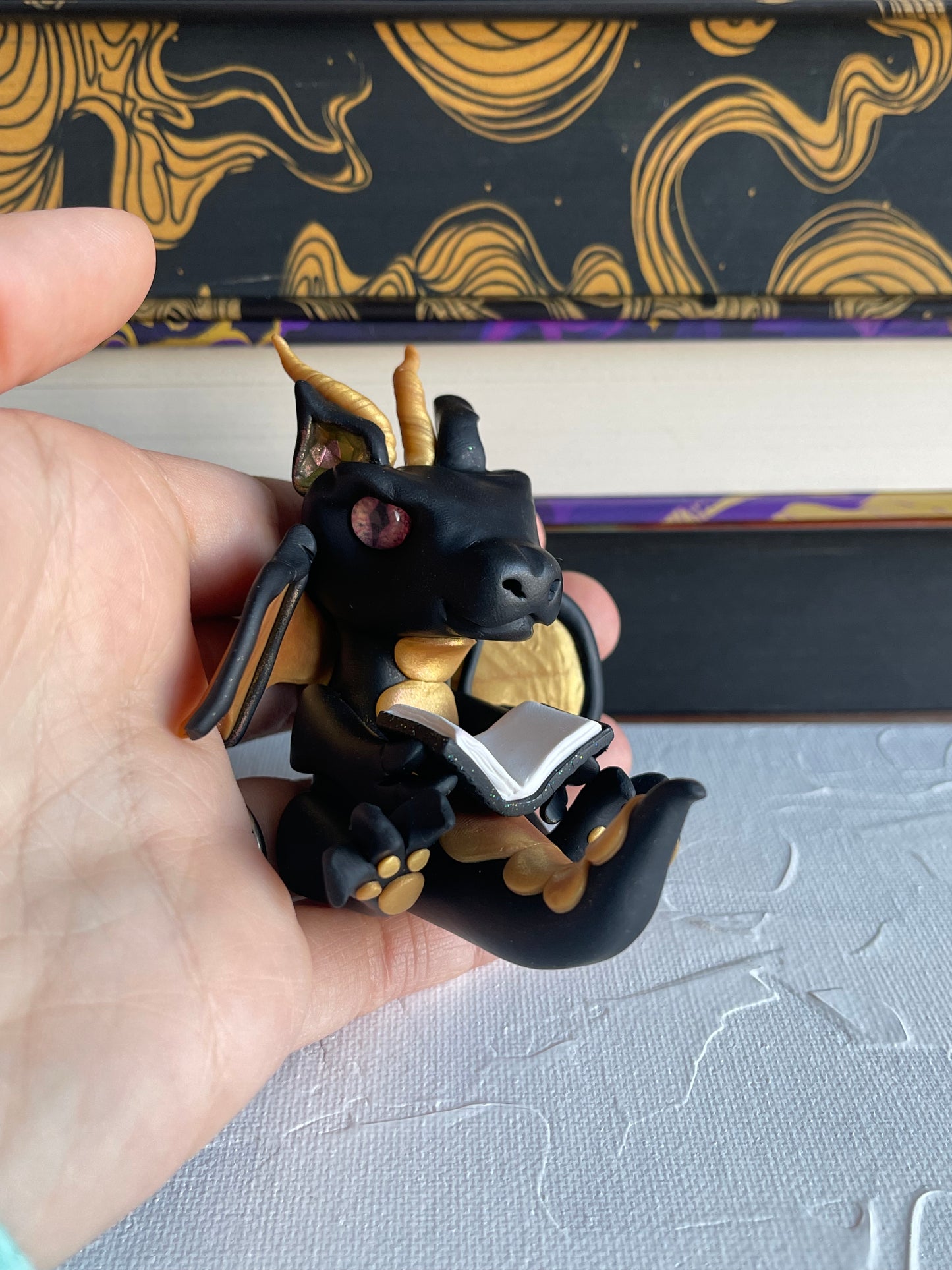 Black and Gold Handmade Polymer Clay Book Dragon