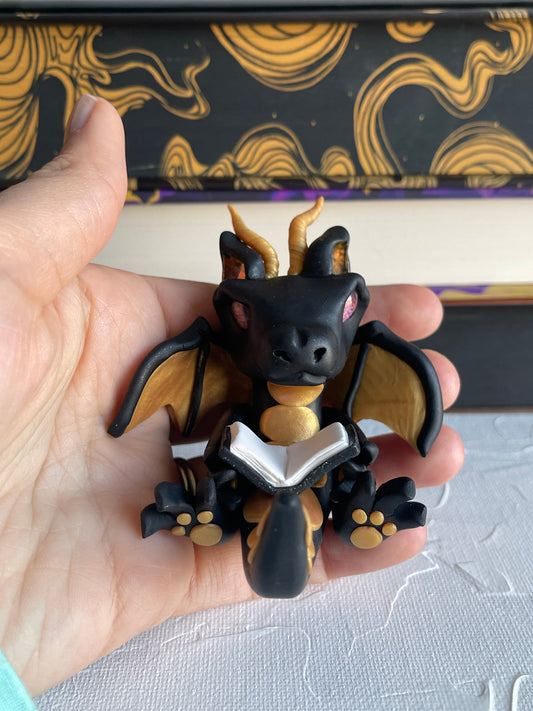 Black and Gold Handmade Polymer Clay Book Dragon