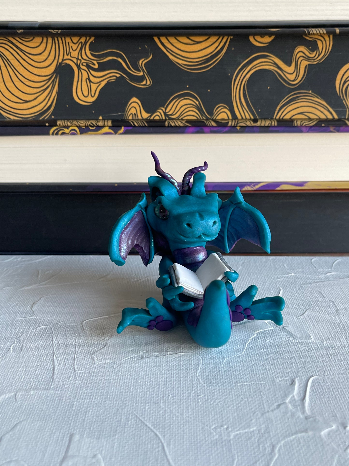 Teal Pearl and Dark Purple Handmade Polymer Clay Book Dragon