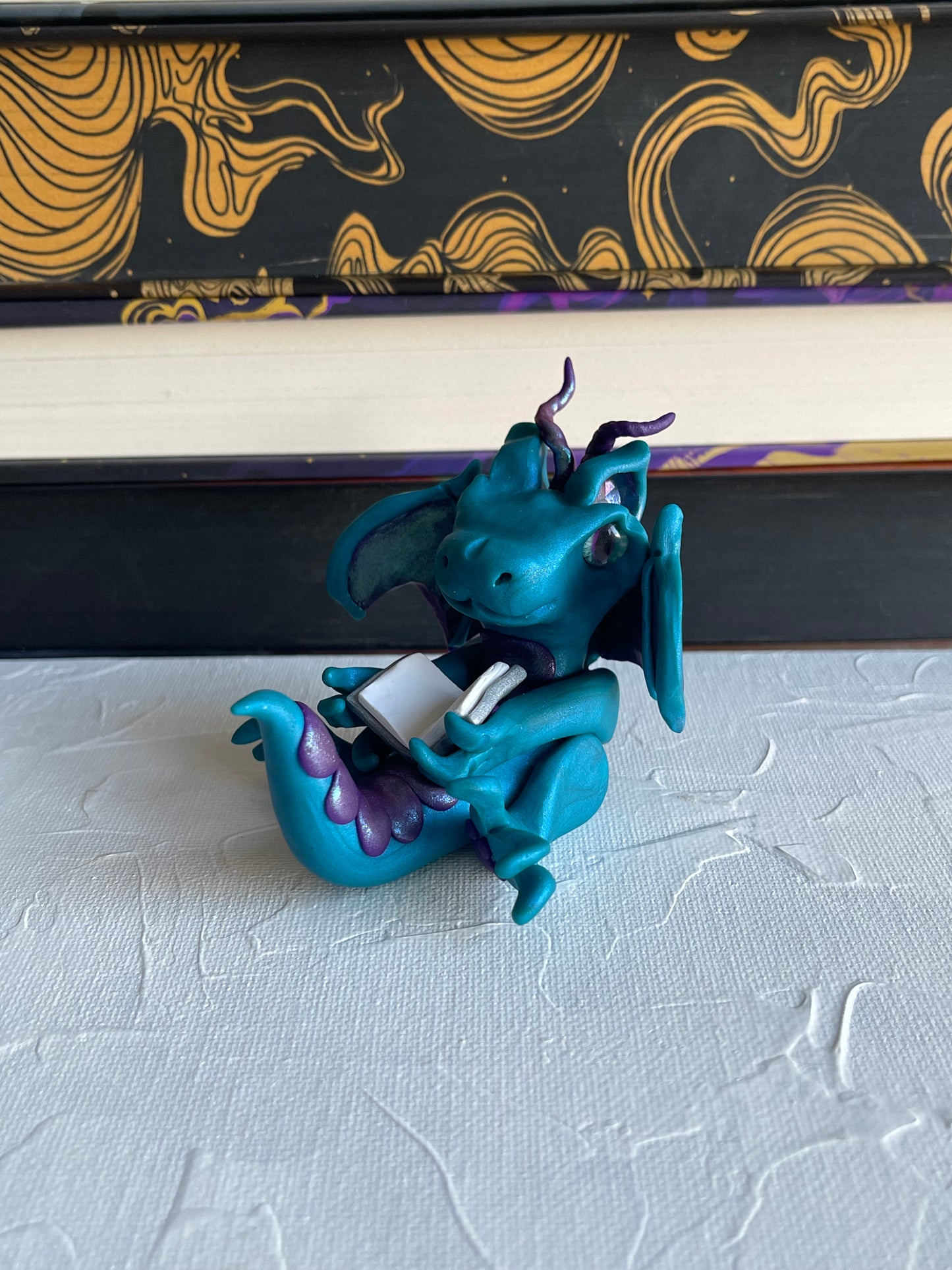 Teal Pearl and Dark Purple Handmade Polymer Clay Book Dragon