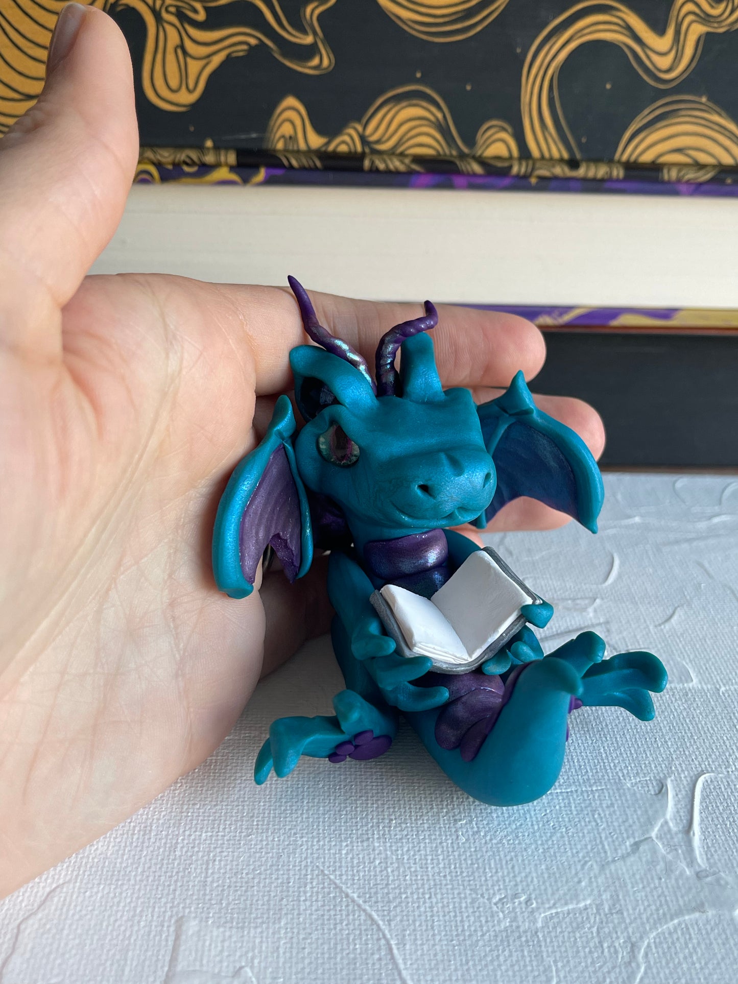 Teal Pearl and Dark Purple Handmade Polymer Clay Book Dragon