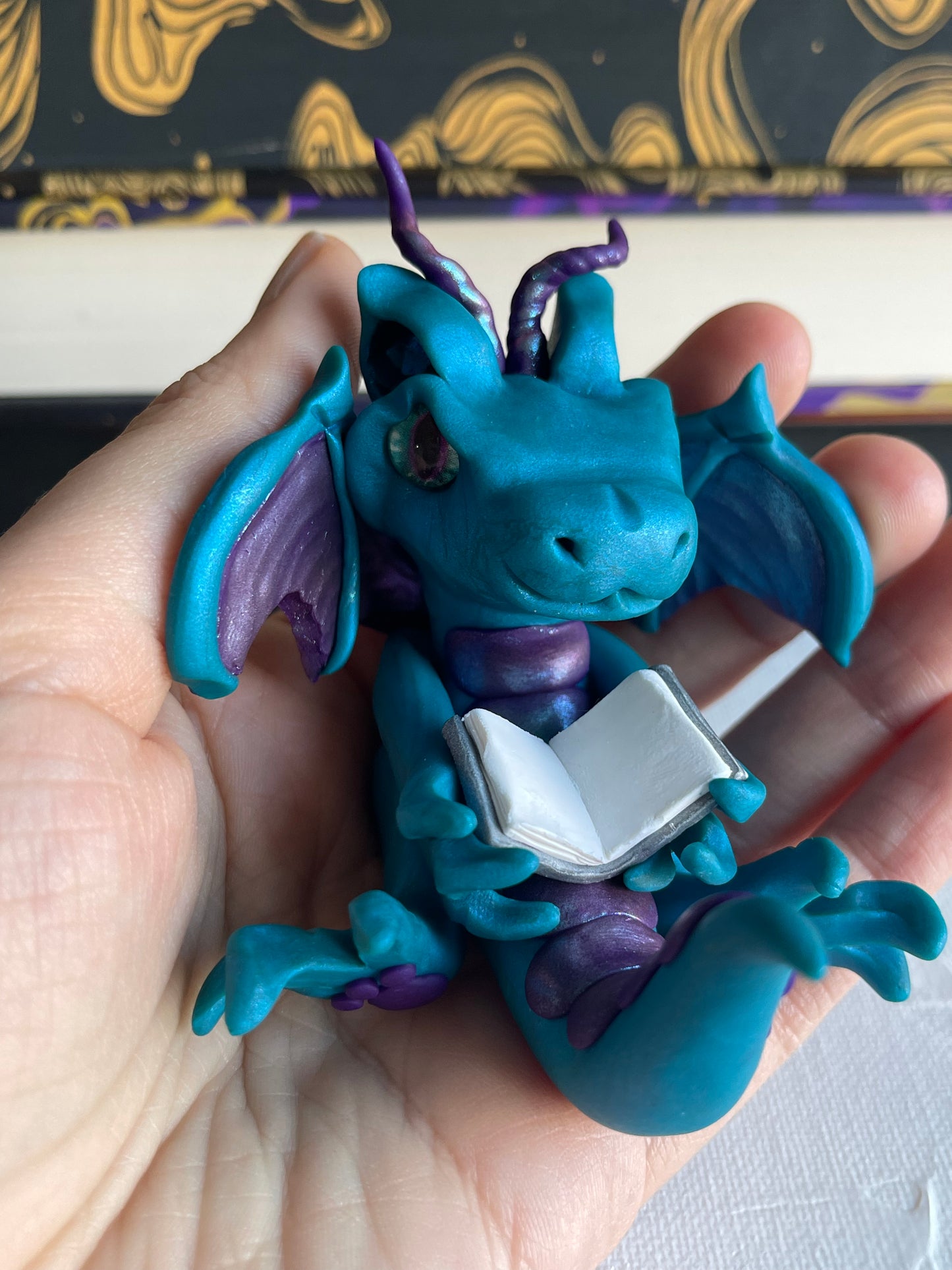 Teal Pearl and Dark Purple Handmade Polymer Clay Book Dragon