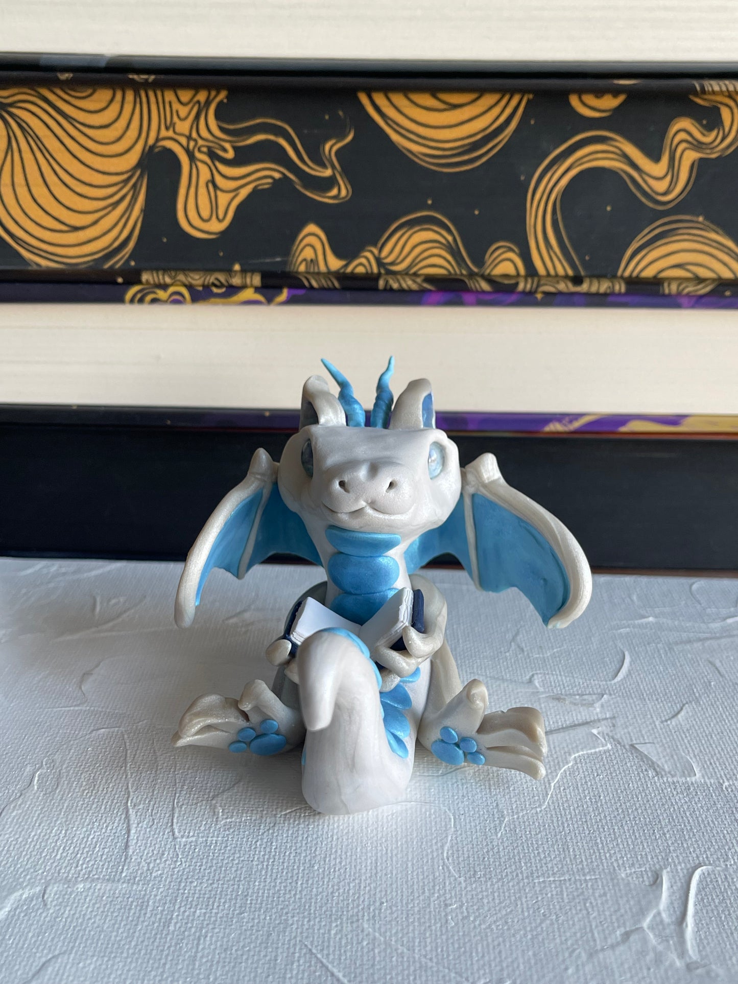 Pearl White & Light Blue Handmade Polymer Clay Book Dragon