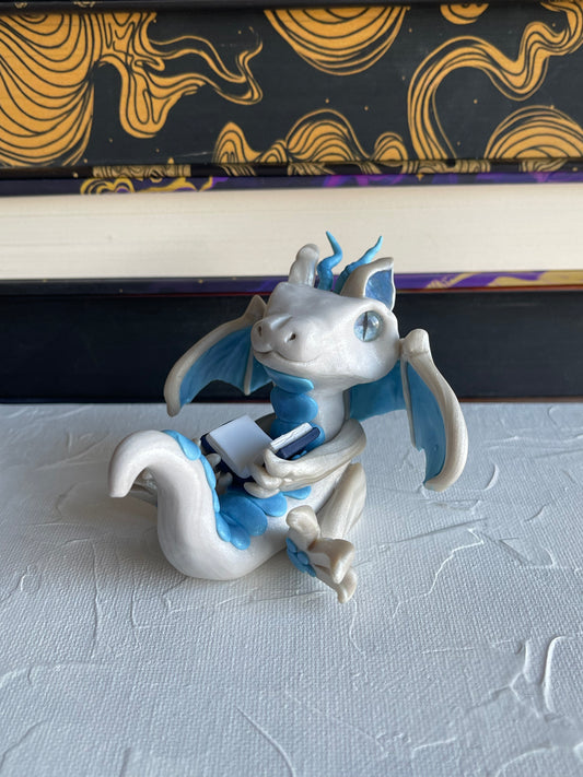 Pearl White & Light Blue Handmade Polymer Clay Book Dragon