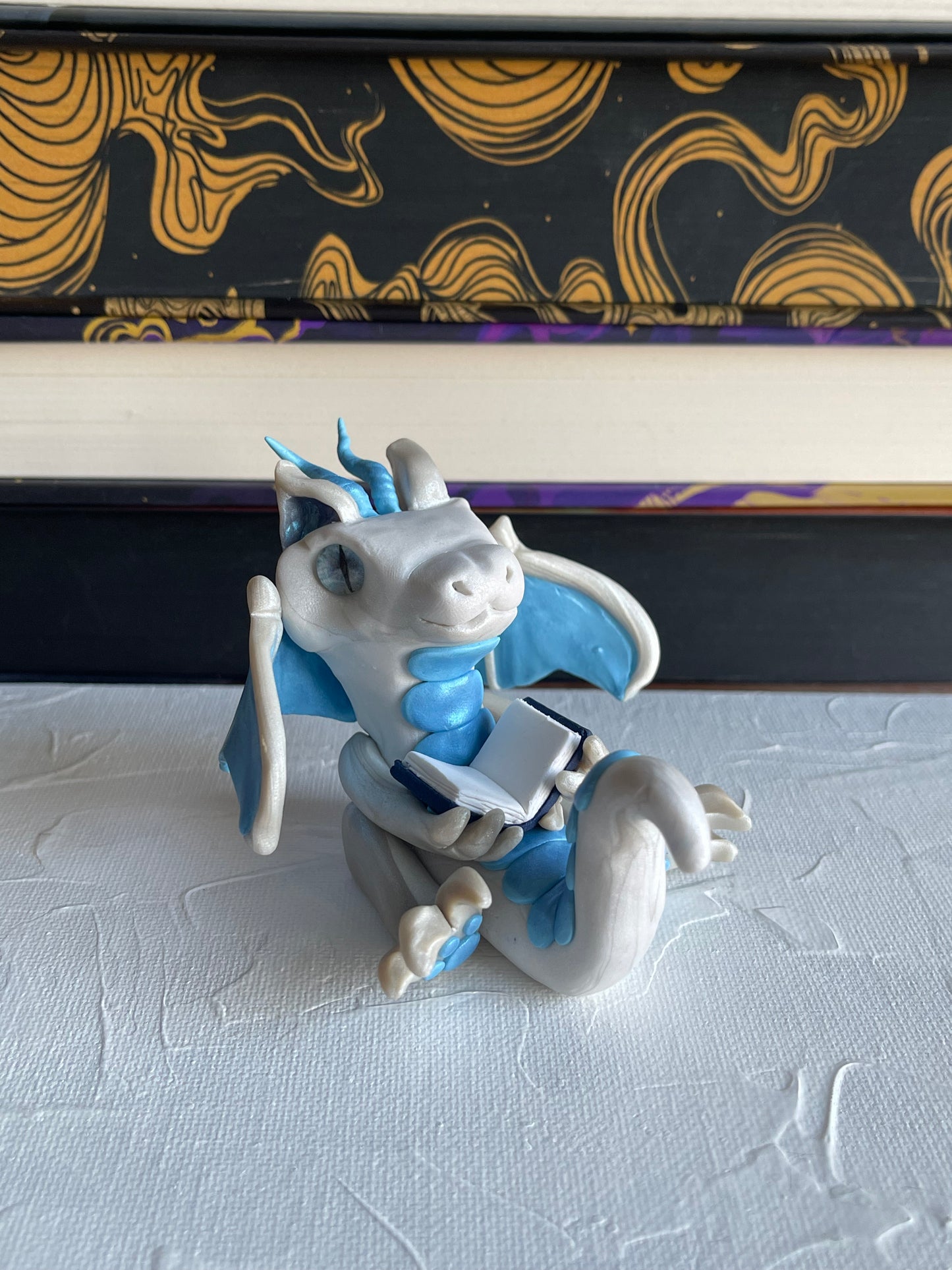 Pearl White & Light Blue Handmade Polymer Clay Book Dragon