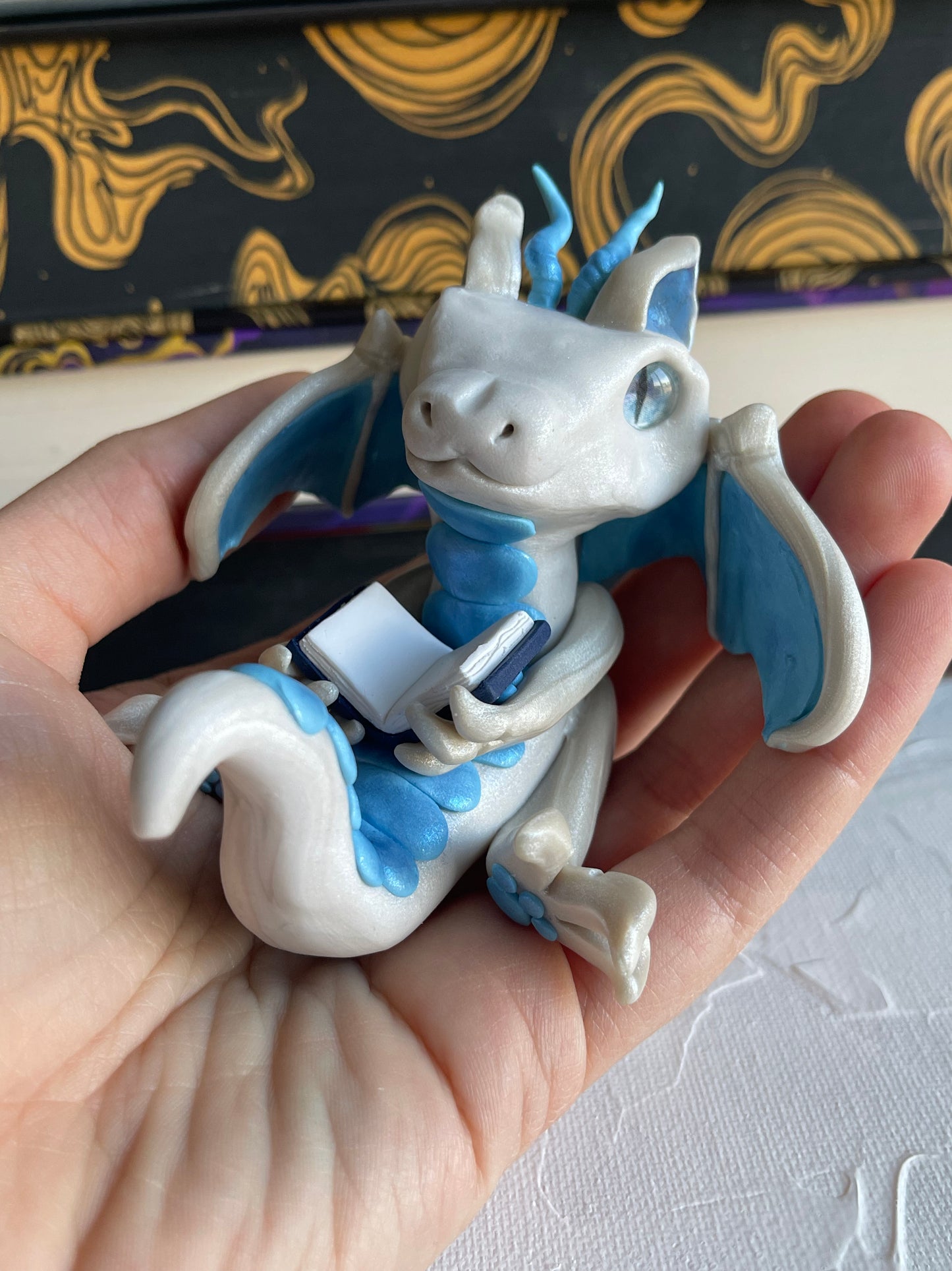 Pearl White & Light Blue Handmade Polymer Clay Book Dragon