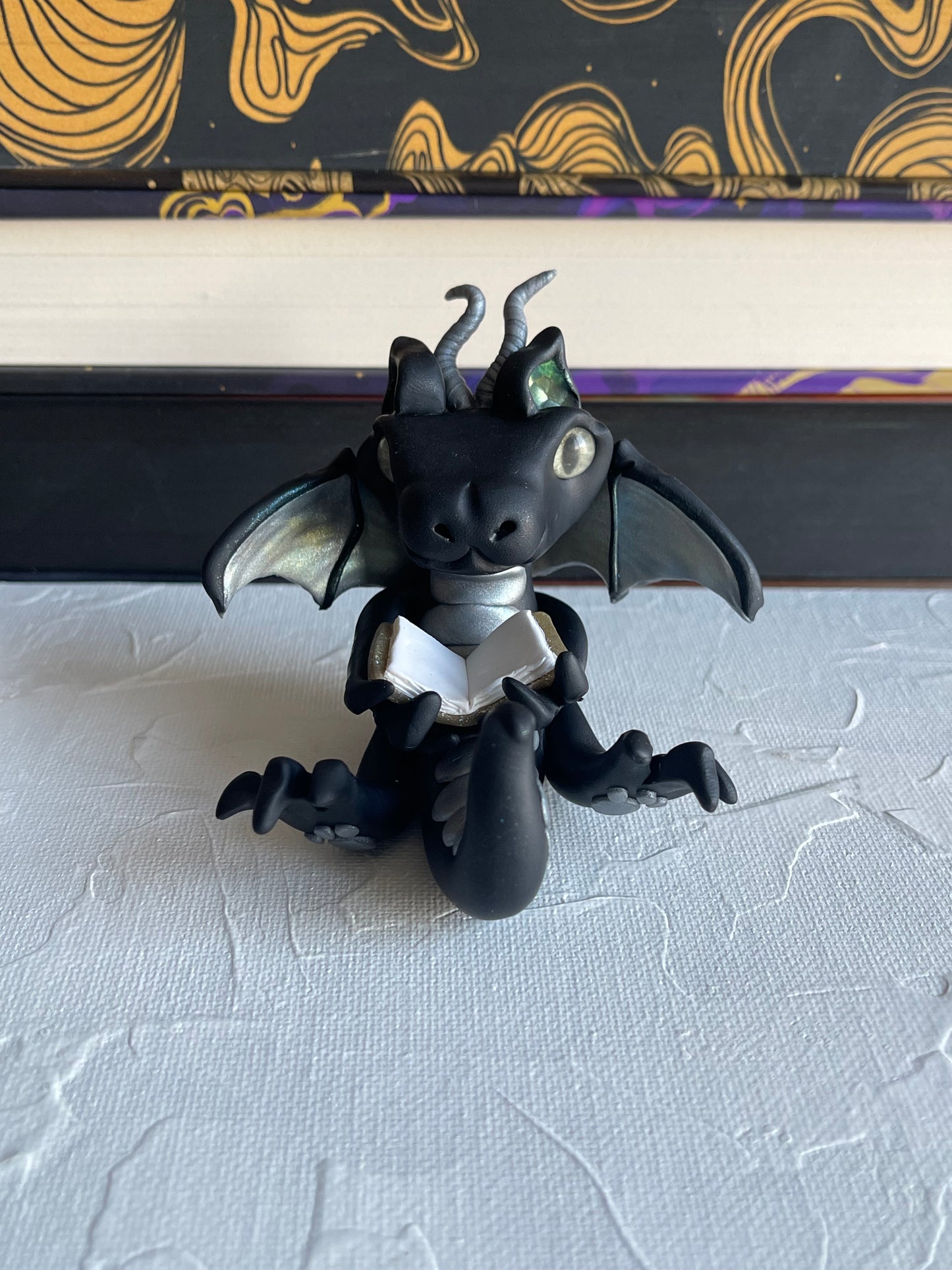 Black and Silver Handmade Polymer Clay Book Dragon