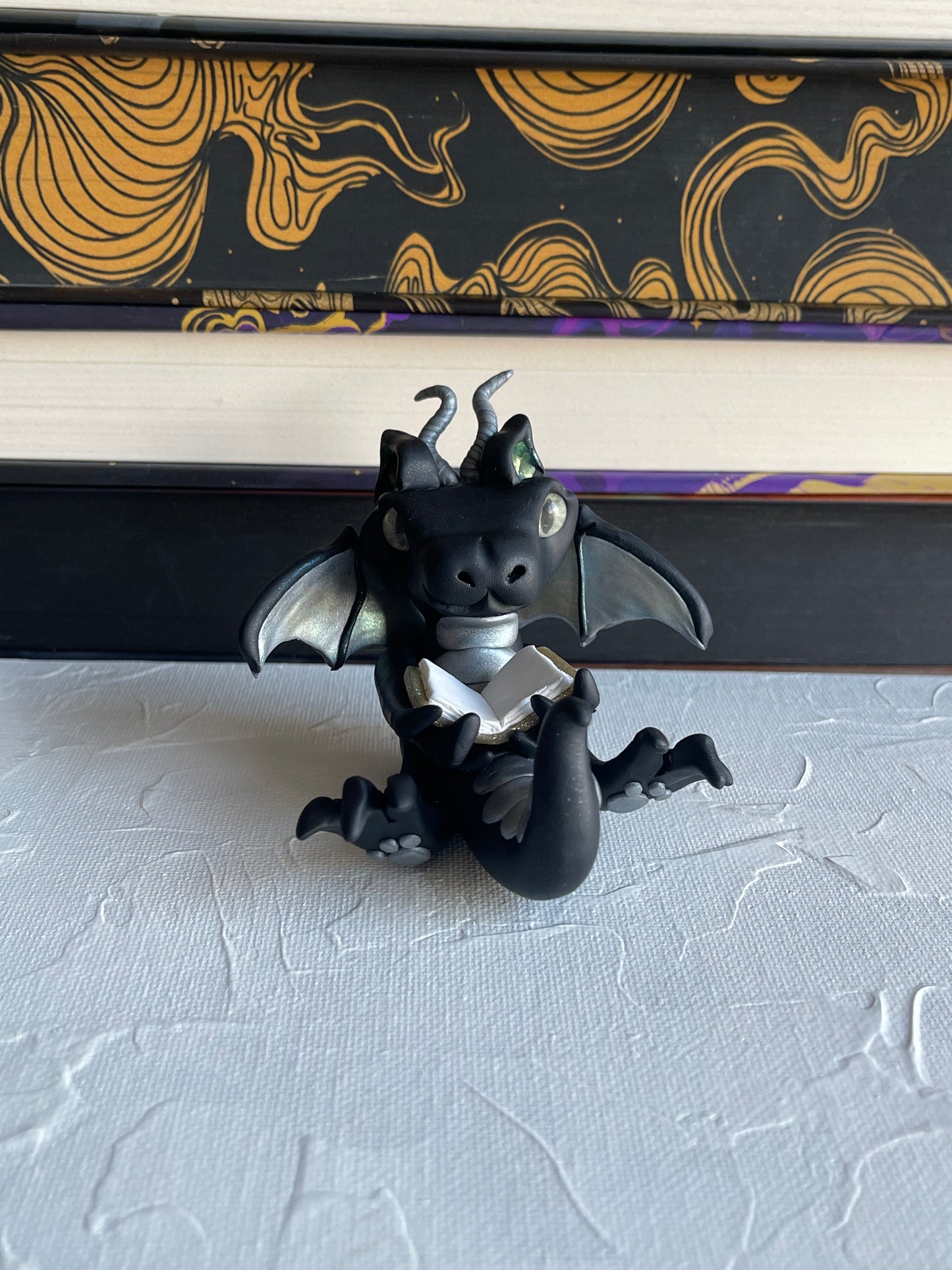 Black and Silver Handmade Polymer Clay Book Dragon