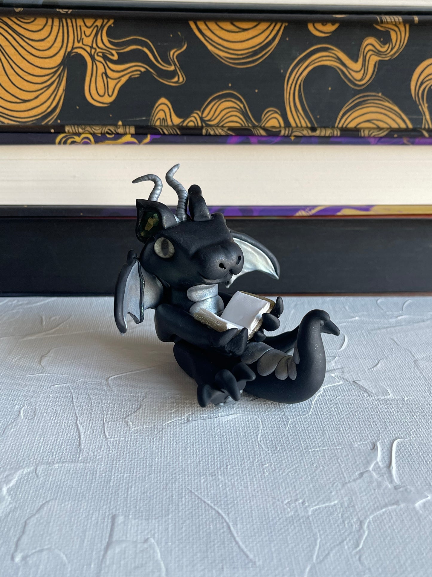 Black and Silver Handmade Polymer Clay Book Dragon