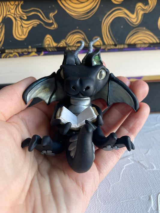 Black and Silver Handmade Polymer Clay Book Dragon