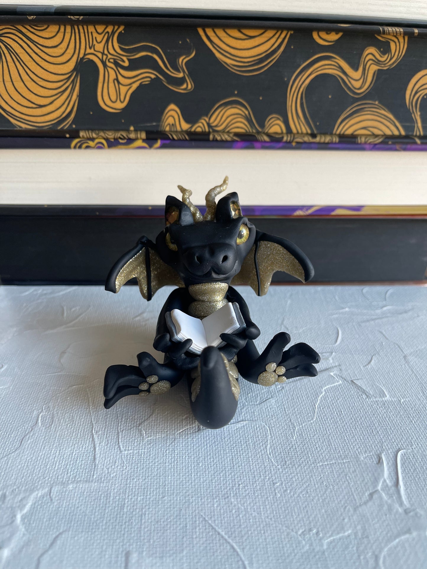 Black & Gold Sparkle Handmade Polymer Clay Book Dragon