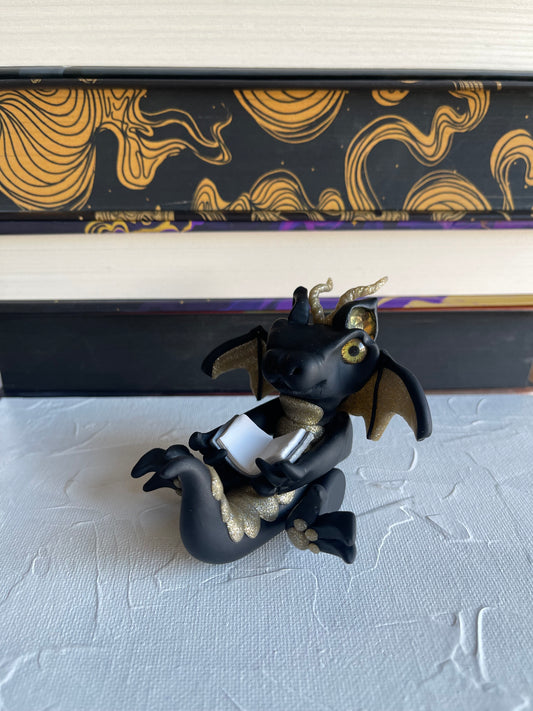 Black & Gold Sparkle Handmade Polymer Clay Book Dragon