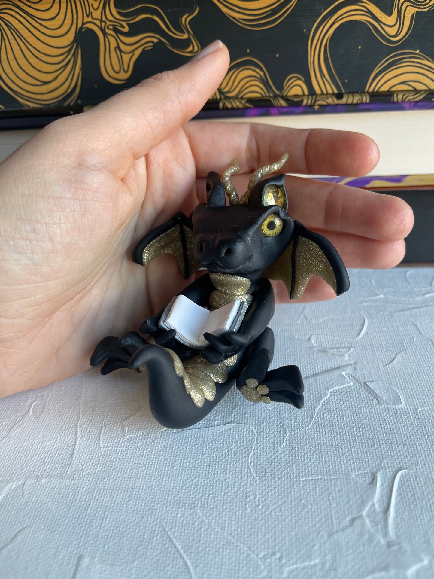 Black & Gold Sparkle Handmade Polymer Clay Book Dragon