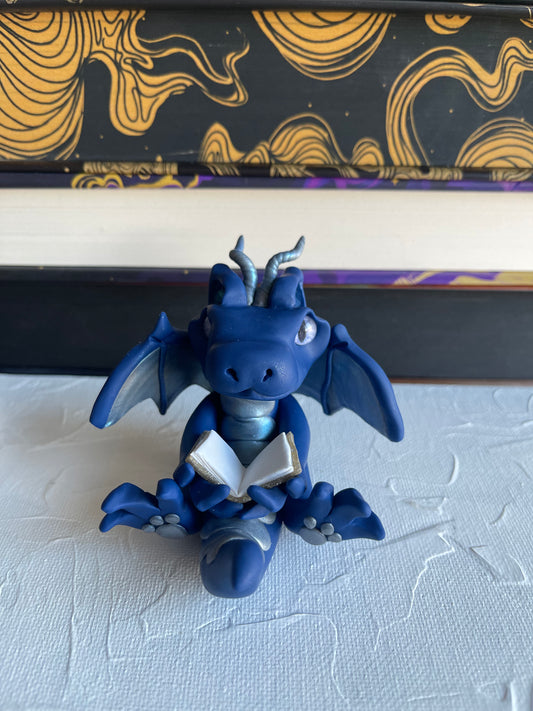 Navy & Silver Handmade Polymer Clay Book Dragon