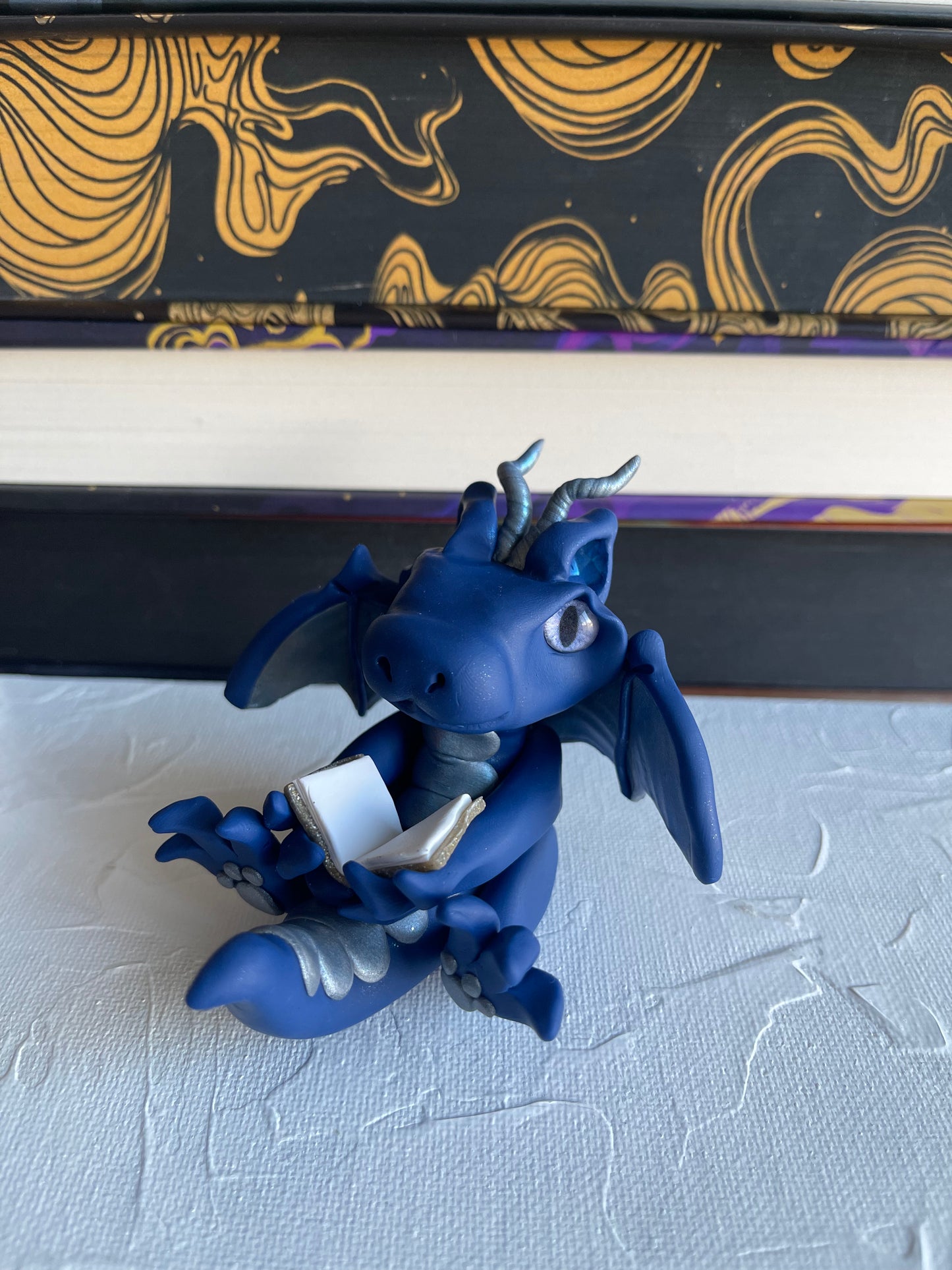 Navy & Silver Handmade Polymer Clay Book Dragon