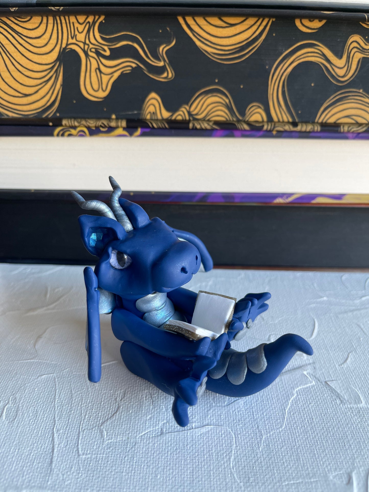 Navy & Silver Handmade Polymer Clay Book Dragon