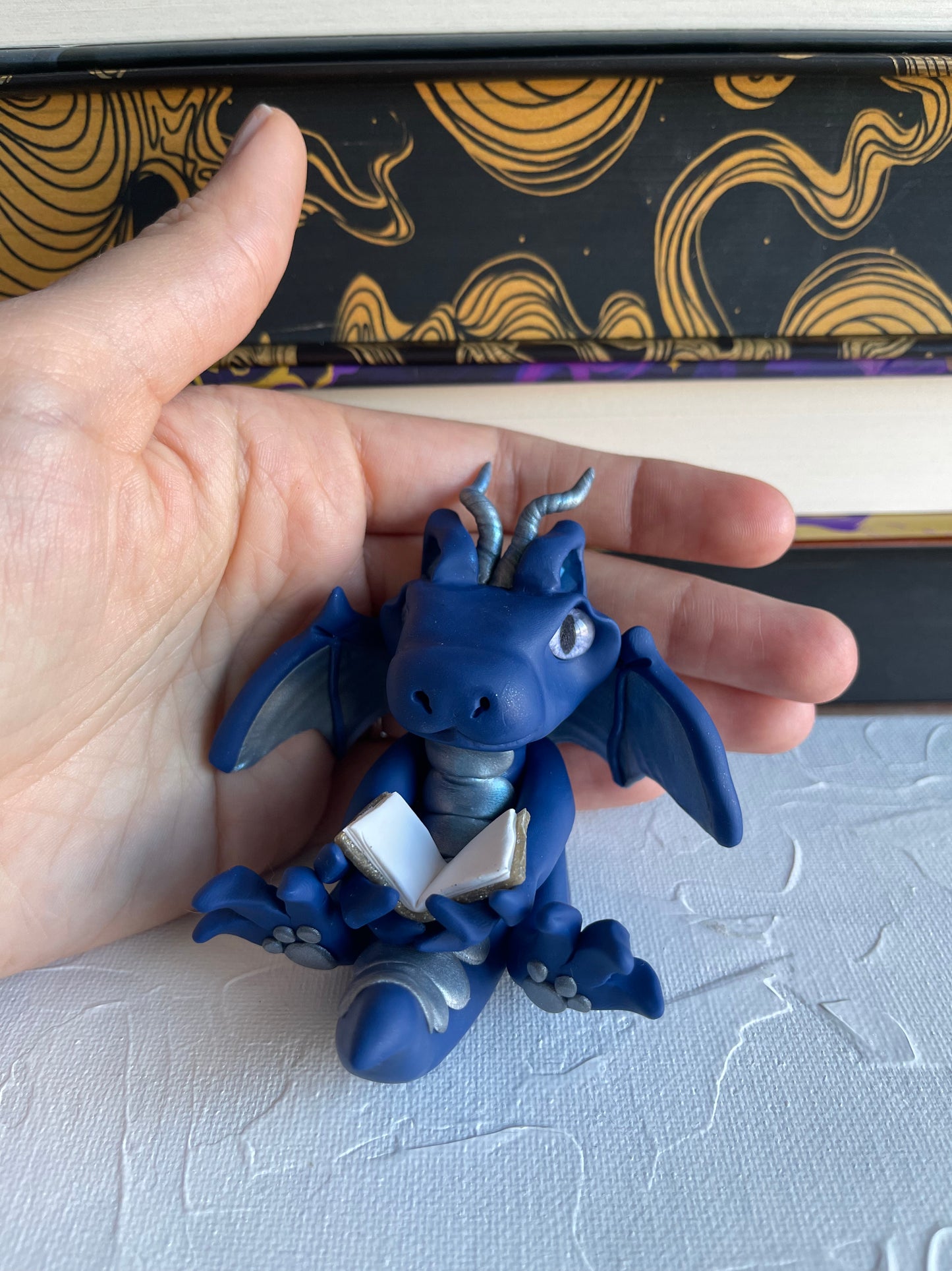 Navy & Silver Handmade Polymer Clay Book Dragon